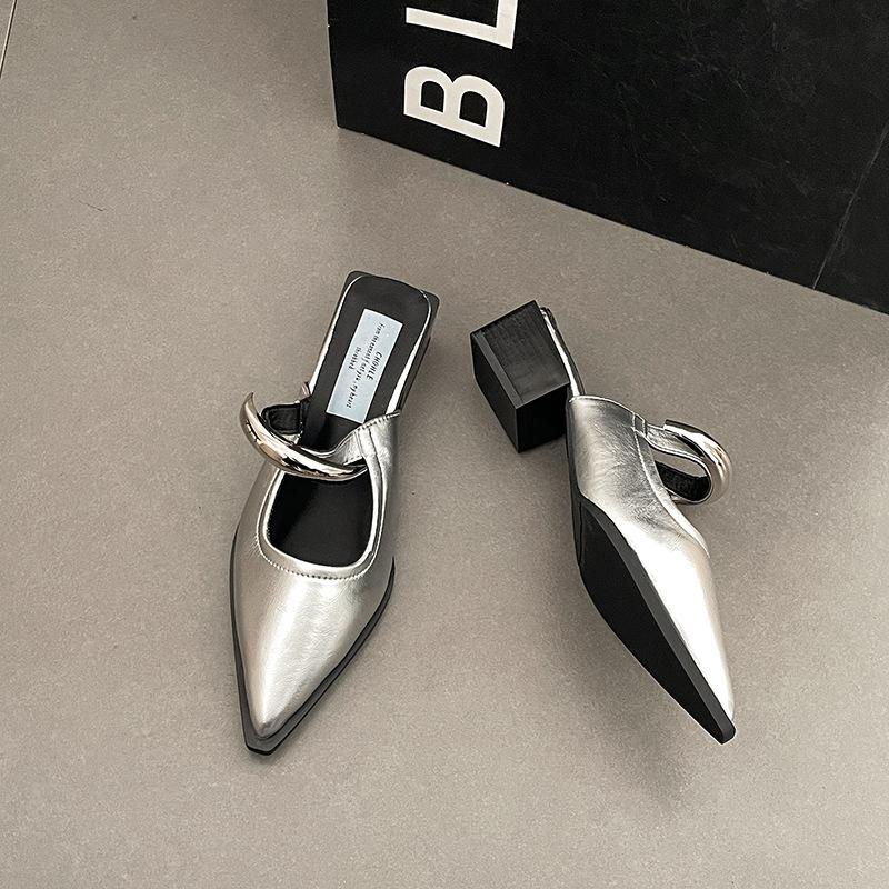 Pointed toe slippers summer new high-end simple slope heels cool slippers women's shoes
