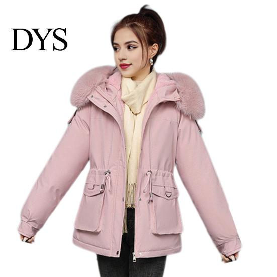 Warm Cotton Jacket Women Winter Coat Thick Plush Furry Hooded Long Sleeves Pockets Lightweight Puffer Drawstring Waist Zip-up Windproof Mid