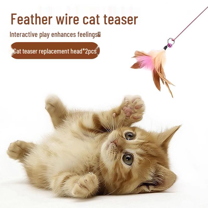 Cat Interactive Self-Play Teaser Toy - Long Rod with Feather Replacement, Bite-Resistant for Kitten Boredom Relief.