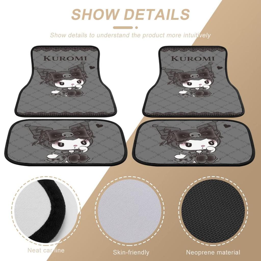 Floor Easy Protective Car for Kei and Standard Set of 4 Kuromi-chan Mats, Waterproof, Washable, Anti-Slip, Stain-Resistant, Customizable,
