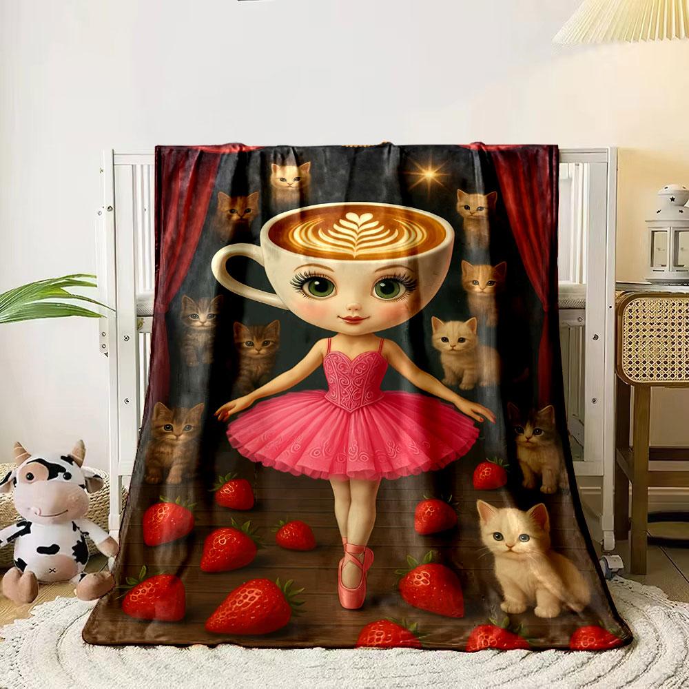 

Ballerina surrounded by kittens, strawberries, and a latte backdrop. for all seasons blanket lunch break throw gift 80cm x 120cm