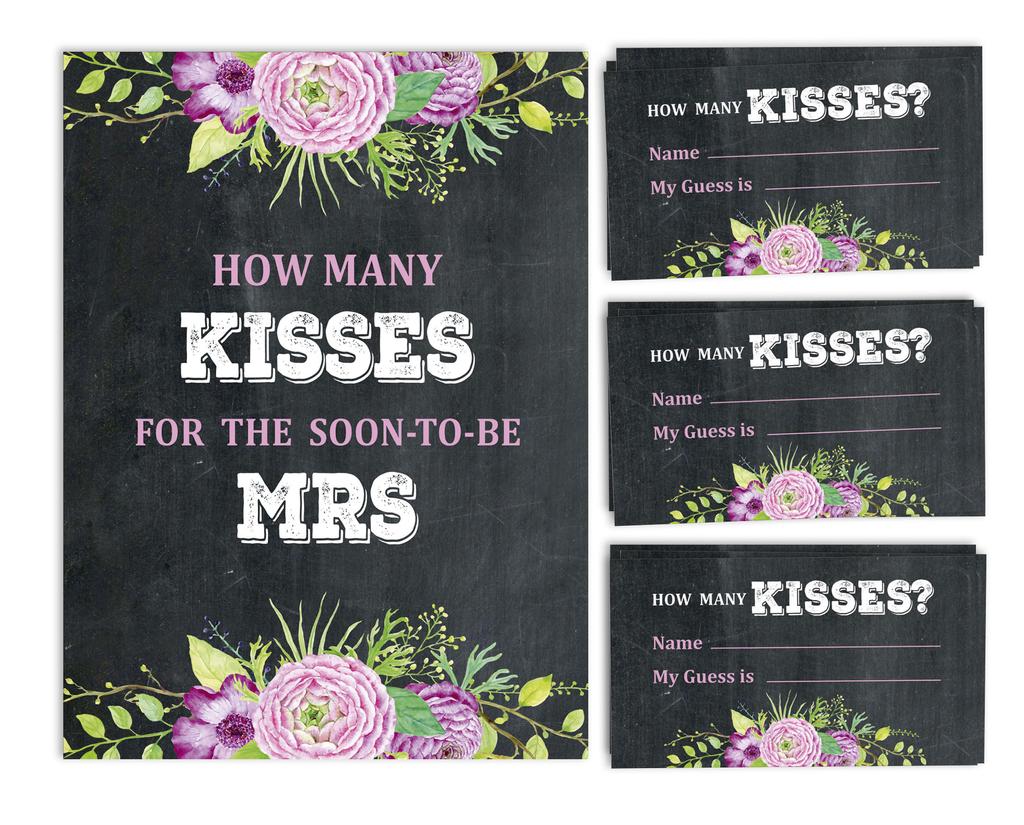 Inkdotpot How Many Kisses For The Soon To Be Mrs Floral Pebble Grey 1 Sign   30 Cards Bridal Shower