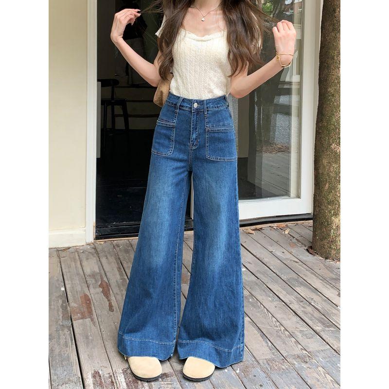American Retro Loose Washed-out Denim Women's Autumn High-Waisted Boot-Cut Pants Easiest for Match Small Straight-Leg Pants Loose Pants
