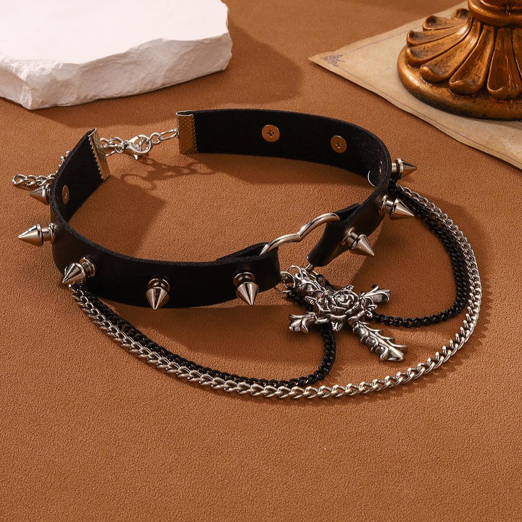 Punk style cross choker collar exaggerated personality tassel PU necklace sweet cool babes accessories