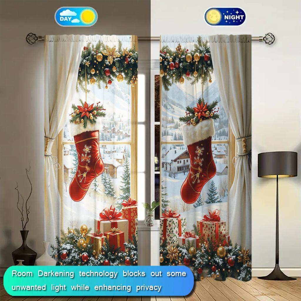 2pcs Christmas Snow Scene Printed Curtain for Christmas Home Decor - Rod Pocket Window Treatment for Bedroom,Office,Kitchen