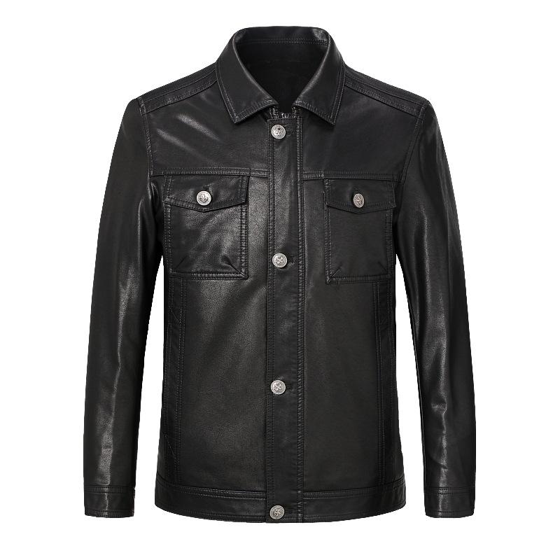 Leather Jacket Men's Velvet Thickened Lapel Autumn and Winter Middle-aged Dad Leather Jacket Casual Coat Soft Leather Top
