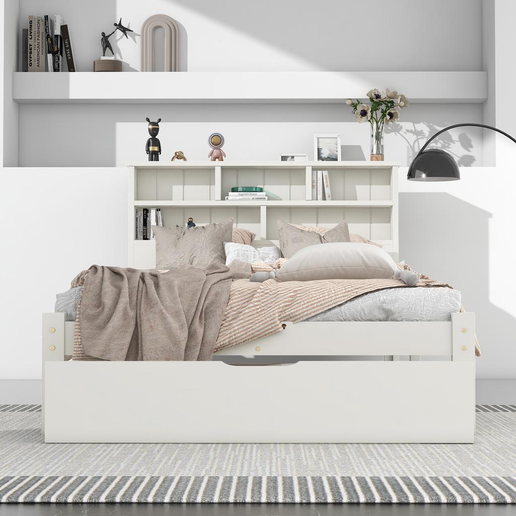 Solid Wood Single Bed with Drawers and Slatted Base, Bookshelf Teenagers and Adults Children's Bed, 90x200cm White