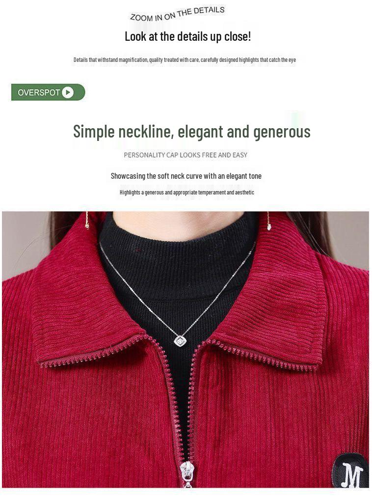 2025 Spring/Autumn Women's Plus Size Corduroy Jacket: Long Sleeve, Loose Fit, Zipper, Solid Color Cardigan