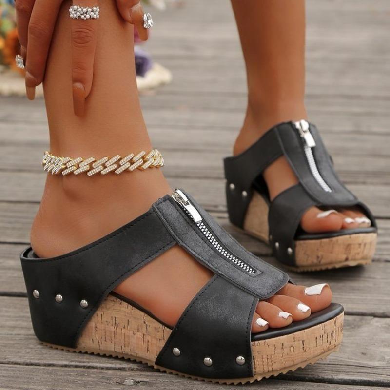 Women's Plus Size Peep Toe Studded Platform Wedge Sandals, Chunky Heel Summer Shoes