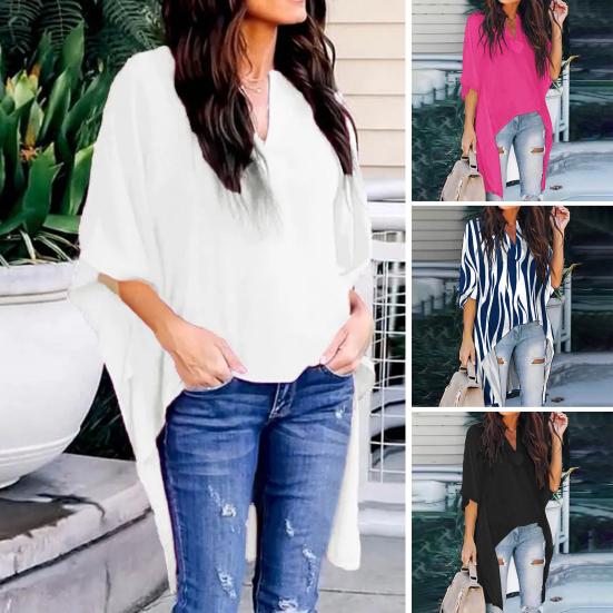 

Women Tops Loose Type Solid Color V Neck Batwing Sleeve Irregular Hem Blouse