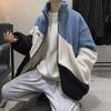 Men's Autumn/Winter Lambswool Color-Block Jacket - Trendy, Versatile, Loose Fit with Stand Collar