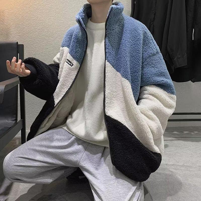 Men's Autumn/Winter Lambswool Color-Block Jacket - Trendy, Versatile, Loose Fit with Stand Collar