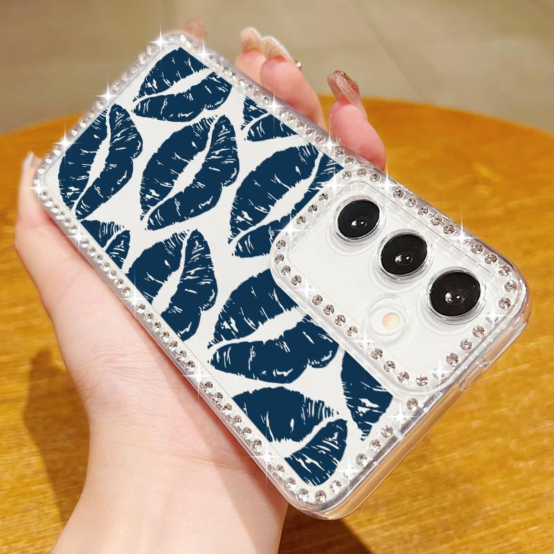 Diamond Frame Lips Print Soft Silicone Case For Samsung S25 Edge S24 FE S23 Ultra S22 A16 A56 A36 A15 A55 A35 Clear Shockproof Phone Cover