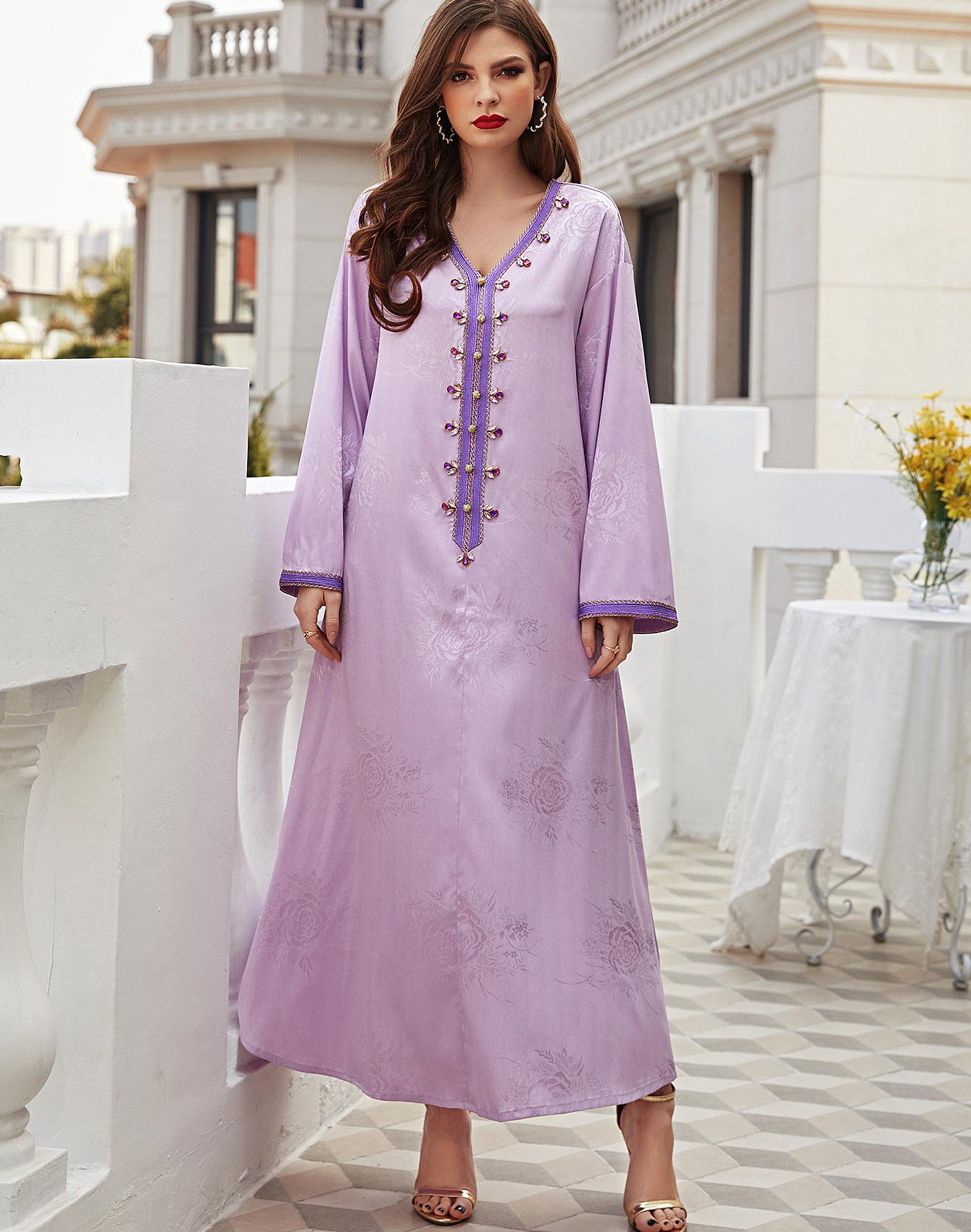 

Женская одежда Светло-фиолетовое жаккардовое мусульманское платье ручной работы со стразами Длинное платье Абая XL светло-фиолетовый
