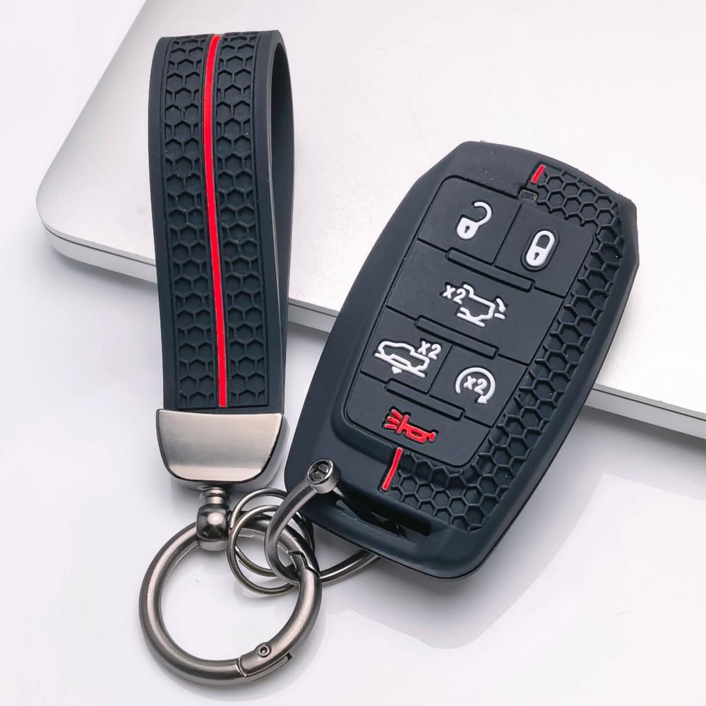 Silicone Key Fob Cover with keychain for Dodge Durango Challenger Charger Chrysler 300 for Jeep Grand Cherokee Grand Wagoneer Protective Case Fits 6