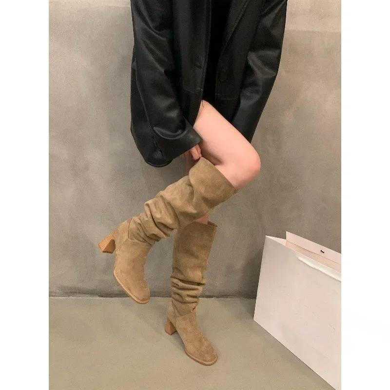 

Женская обувь Модные рукава Женские ботинки Зимние Сохраняют тепло Заостренный носок Замша Однотонные Высокие голенища Массивные каблуки Женские ботинки 35