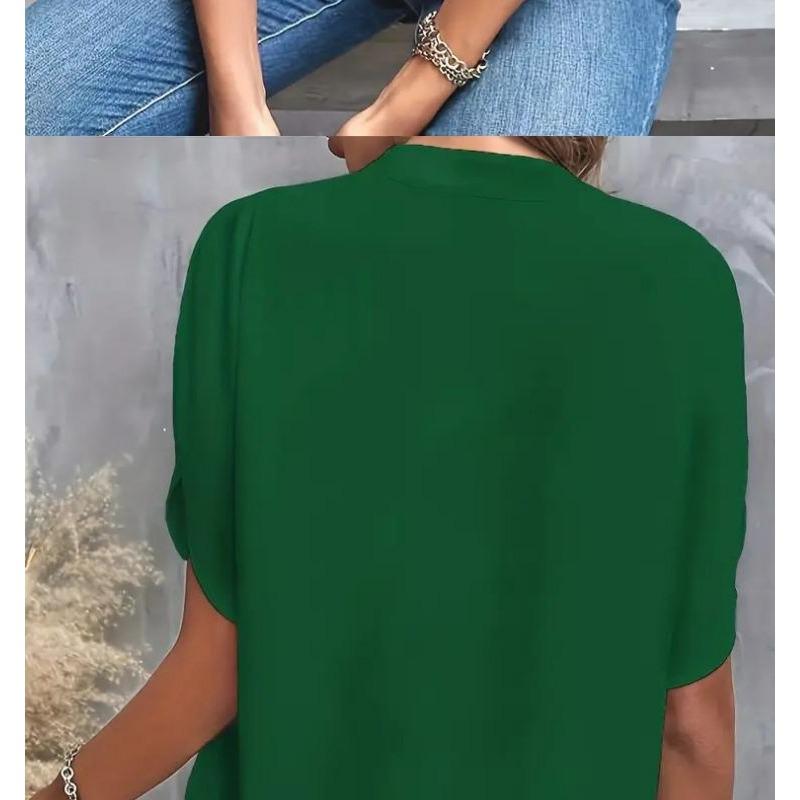 Damen 2025 Sommer Casual Einfarbig V-Ausschnitt Locker Bluse Tops für Damen