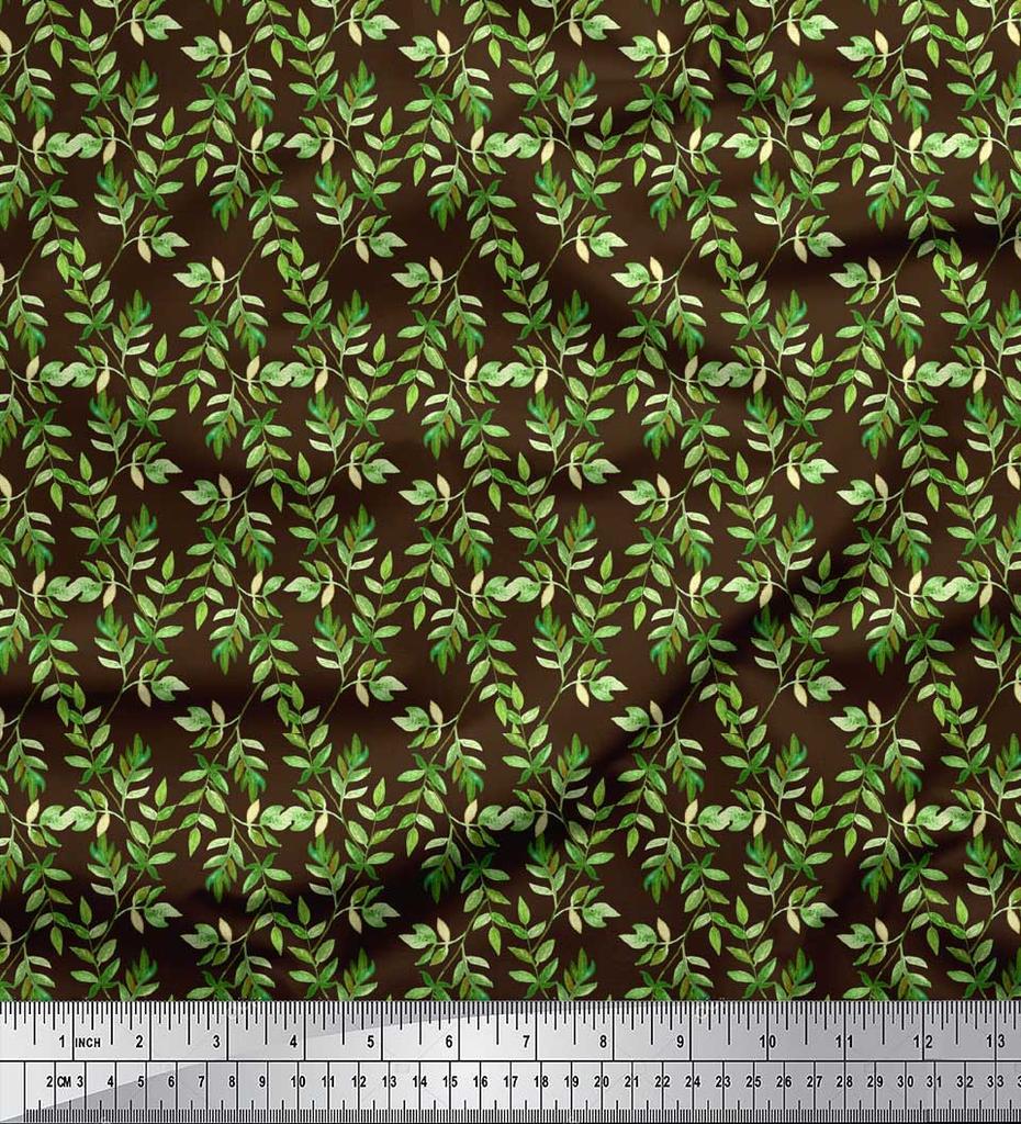 Soimoi Brown Japan Crepe Satin Fabric Ash Leaves Printed Fabric 1 metre 42 Inch
