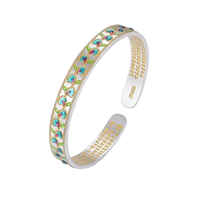 999 Sterling Silver Heart Sutra Petal Bracelet, Gold-Painted Openable Design, Ethnic Chinese Style Gift for Women