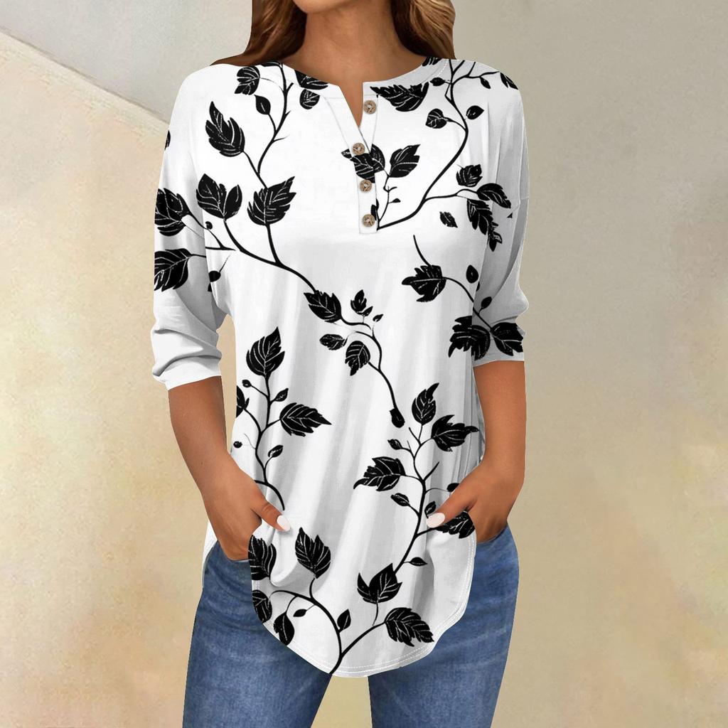 Damenmode Lässig Dreiviertelärmel Blumendruck Rundhals T-Shirt Top