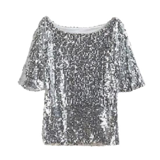 Women's Plus Size Glitter Sequins Short Sleeve Top Round Neck Short Sleeve