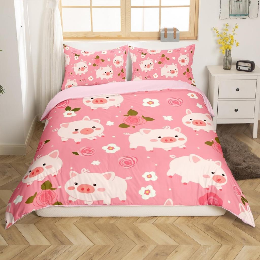 Cute Pig Duvet Cover Set Rose Flower Princess Bedding Set,Girls Women Room Decor,Cartoon Livestock Animal Rustic Comforter Cover