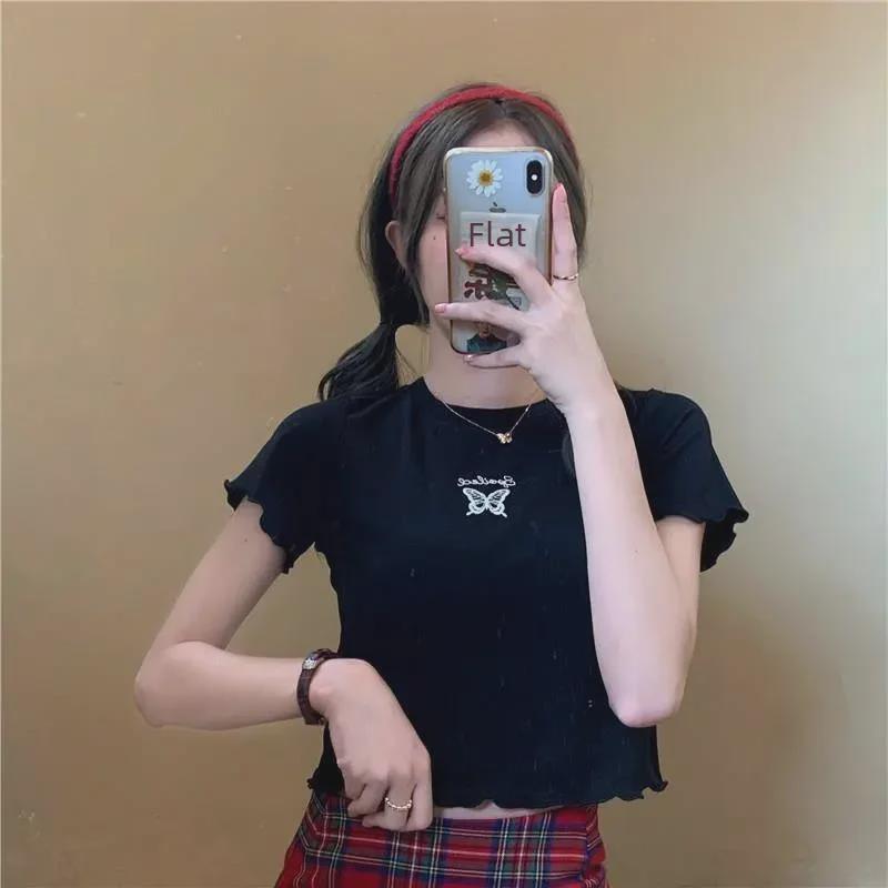 Summer 2025 Women's High-Waist Slim Fit Butterfly Embroidered Crop Top