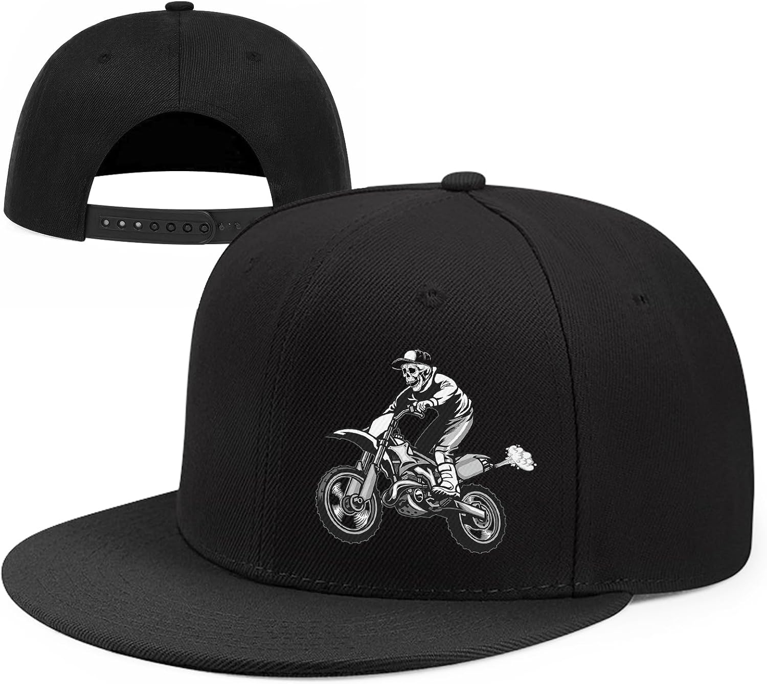 

Skeleton Dirt Bike Rider Snapback Cap Polyester Flat Bill Trucker Hat Outdoor Adjustable Headwear One Size