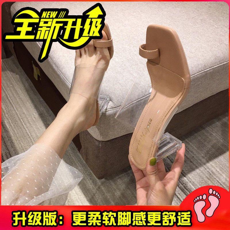 Internet celebrity transparent sandals female thick heel fairy wind 2025 summer new toe crystal high heel cool slippers outer wear
