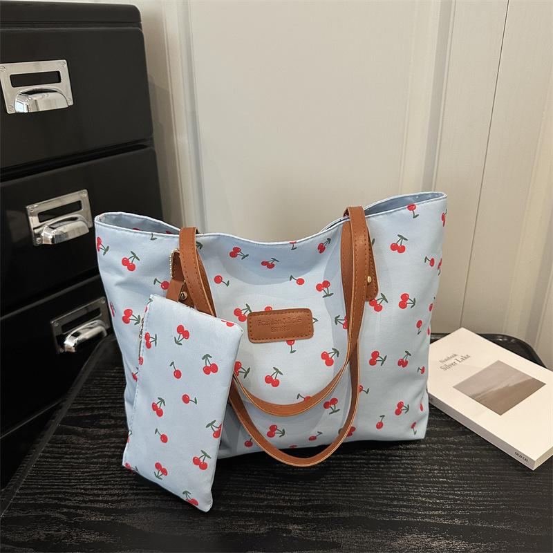 Damen Canvas-Tragetasche mit Kirschmuster, lässige große Schultertasche mit passendem Münzbeutel zum Einkaufen