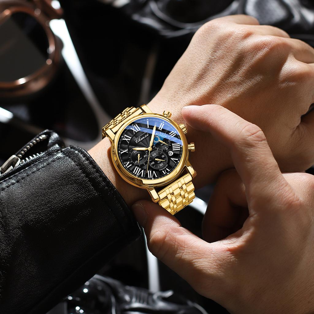 Business Gold Quartz Watches For Men Chronograph Calendar Man Watch Fashion Moon Phase Waterproof Men's Wristwatches