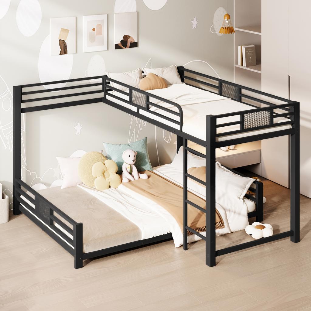 L-förmiges Metall-Etagenbett 90x200 über 140x200, Schwarz