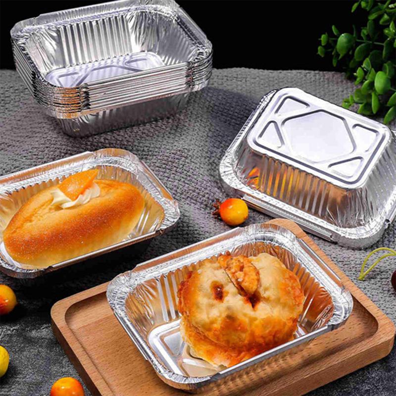 25pcs Rectangular Tinfoil Tray With Lid BBQ Special Bowl Takeaway Baking Disposable Aluminum Foil Packaging Box Kitchen Tools