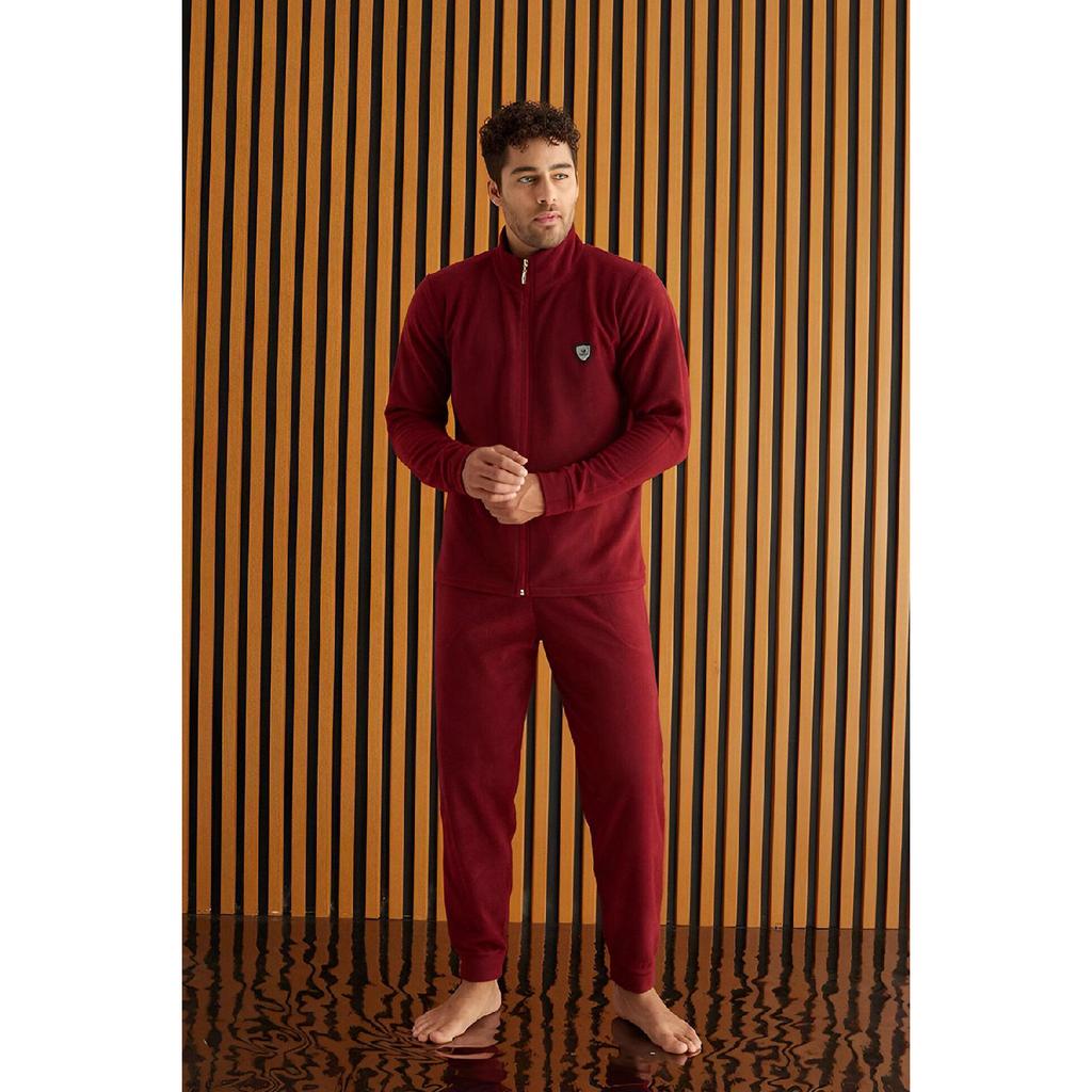 Set de pijamale pentru bărbați, cu mânecă lungă, cu fermoar în față, roșu Claret