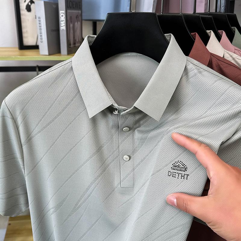 Pánské pulovrové tričko s klopou z ledového hedvábí s krátkým rukávem, trendy polokošile, ležérní top pro otce