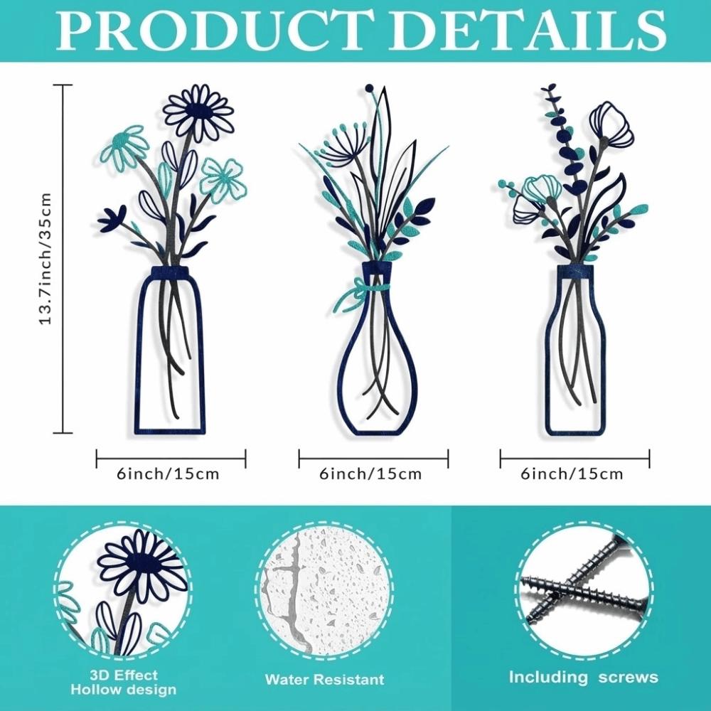 3 Pieces Set Vase Design Floral Decor 3D Wall Stickers Wall Decor Metal Flowers Wall Art  Bathroom