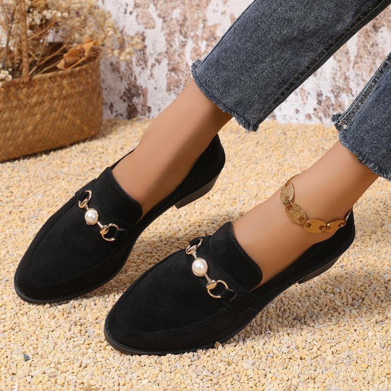 Women's Coarse Heel Shoes Autumn New Round Head Deep Mouth Pearl Suede Anti-slip Wear-resistant Low-top Shoes