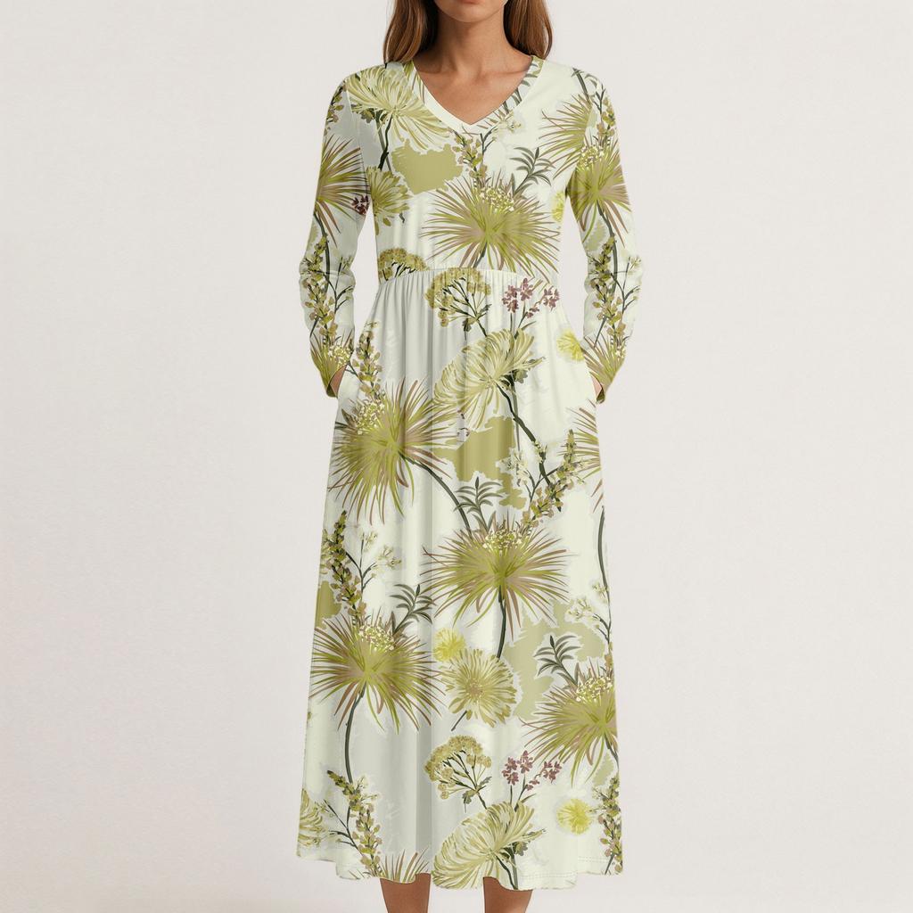 Dress For Women Long Boho Beach Dress Elegant Maxi Dress V-Neck Long Sleeve Dress With Pockets