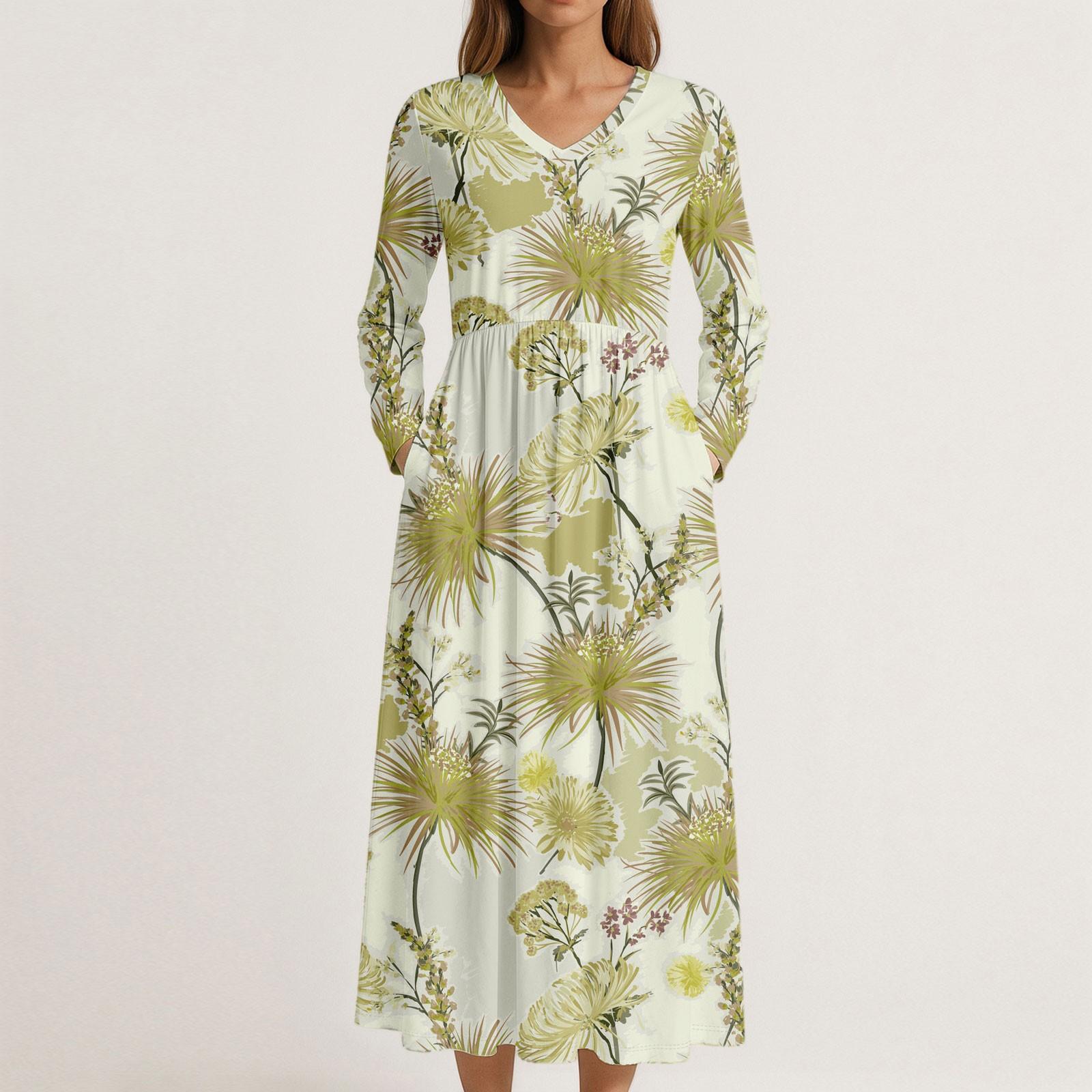 

Платье для женщин длинное бохо пляжное платье элегантное макси-платье V-образный вырез длинный рукав платье с карманами XL жёлтый