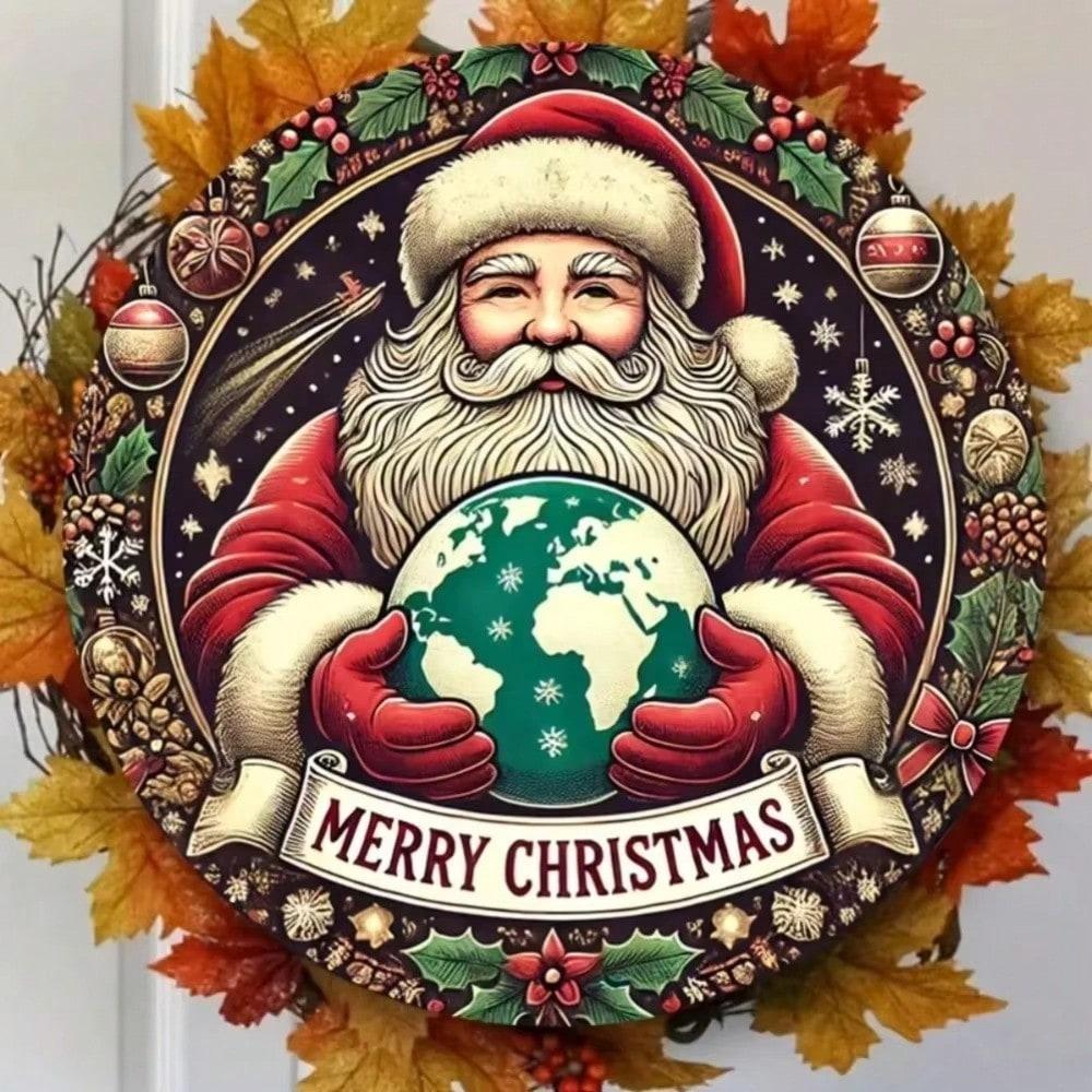 North Pole Santa Claus Metal Round Wall Art, Christmas Decoration, Waterproof Rustproof Indoor Outdoor Hanging Ornament