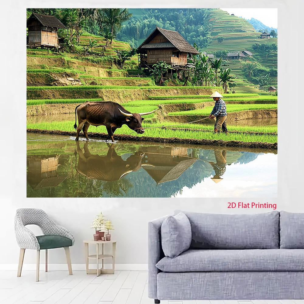 2D plane, terrace with cattle and steed background decoration, suitable for all kinds of parties, polyester fiber