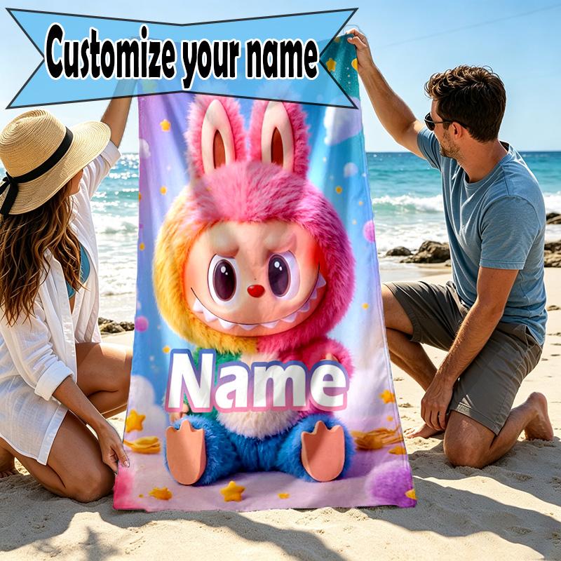 Custom Name Personalized Labubu Print Beach Towel, for Trip Camping Beach Party Home Decor, Birthday Gift for Family & Friends