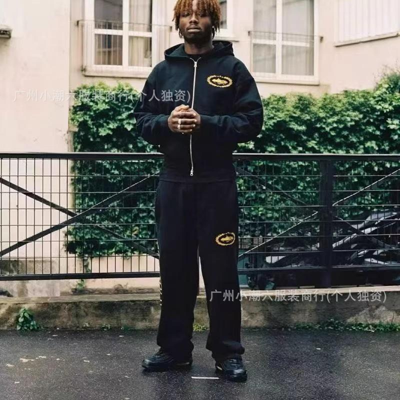 Corteiz Alcatraz Streetwear Mikina s kapucí Set na zip Volný střih Podšitá fleecem Hip Hop styl Dospívající