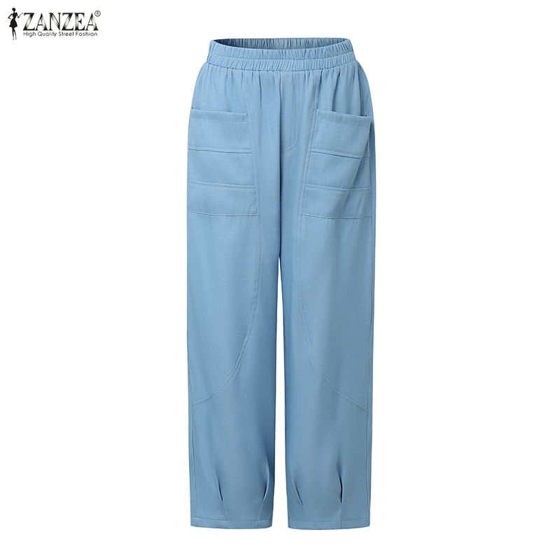 ZANZEA Women Casual Elastic Waist Loose Summer Croppe Pants