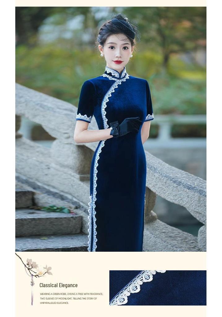 Elegant Velvet Cheongsam: 2026 Long Skirt Model for Fashion Shows & Stage Performances