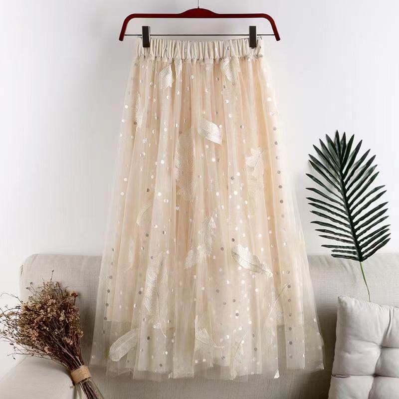 Qooth Polka Dot Midi Skirt Calf Length Tulle Skirt Embroidery Print with Paillette for Summer QT2108