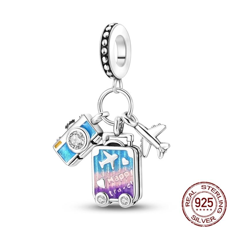 Mula Koppar Blå Resa Flygplan Berlocker Hänge Pärlor Passar Originalpan Armband Smycken För Kvinnor Diy Gåva