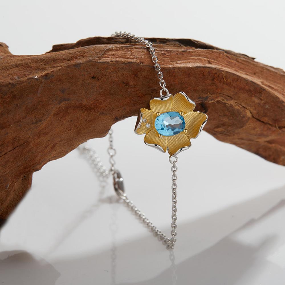 S925 Sterling Silver Necklace with Natural Color Treasures, Designed with Female Flowers, Necklace, Bracelet, Ring, Earrings