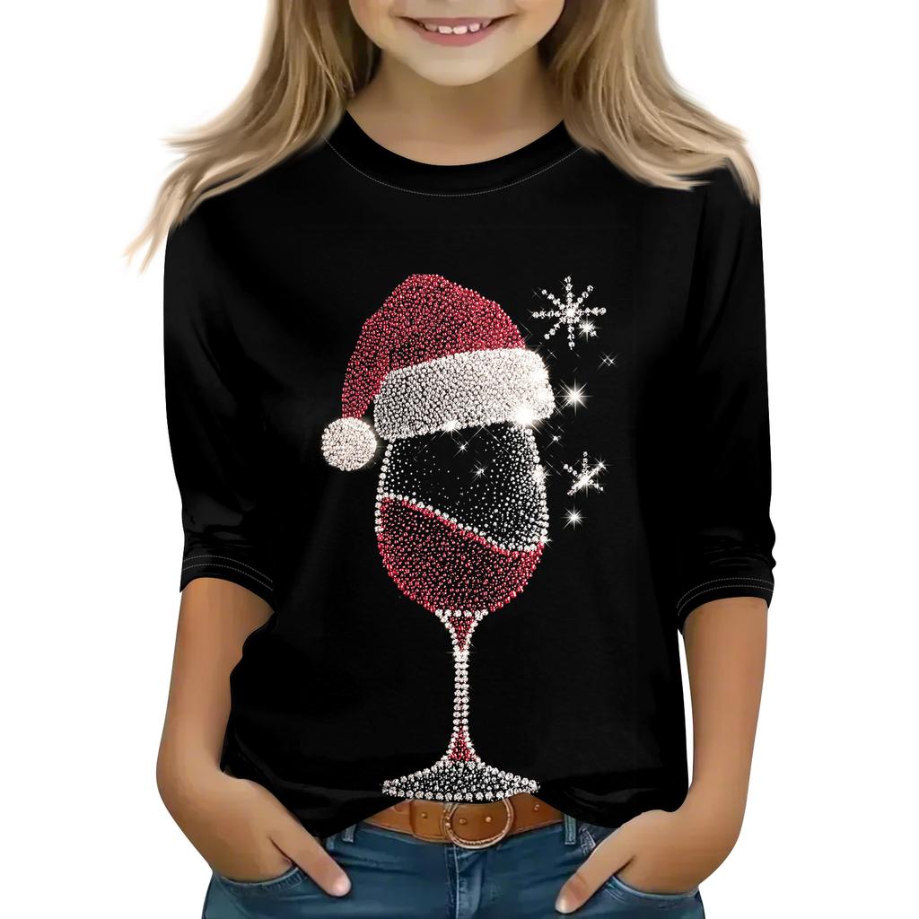 Christmas Day Print Tops For Youth Girls 4-11 Years Round Neck 3/4 Sleeves T-Shirts Trendy Tops Outfit Tees