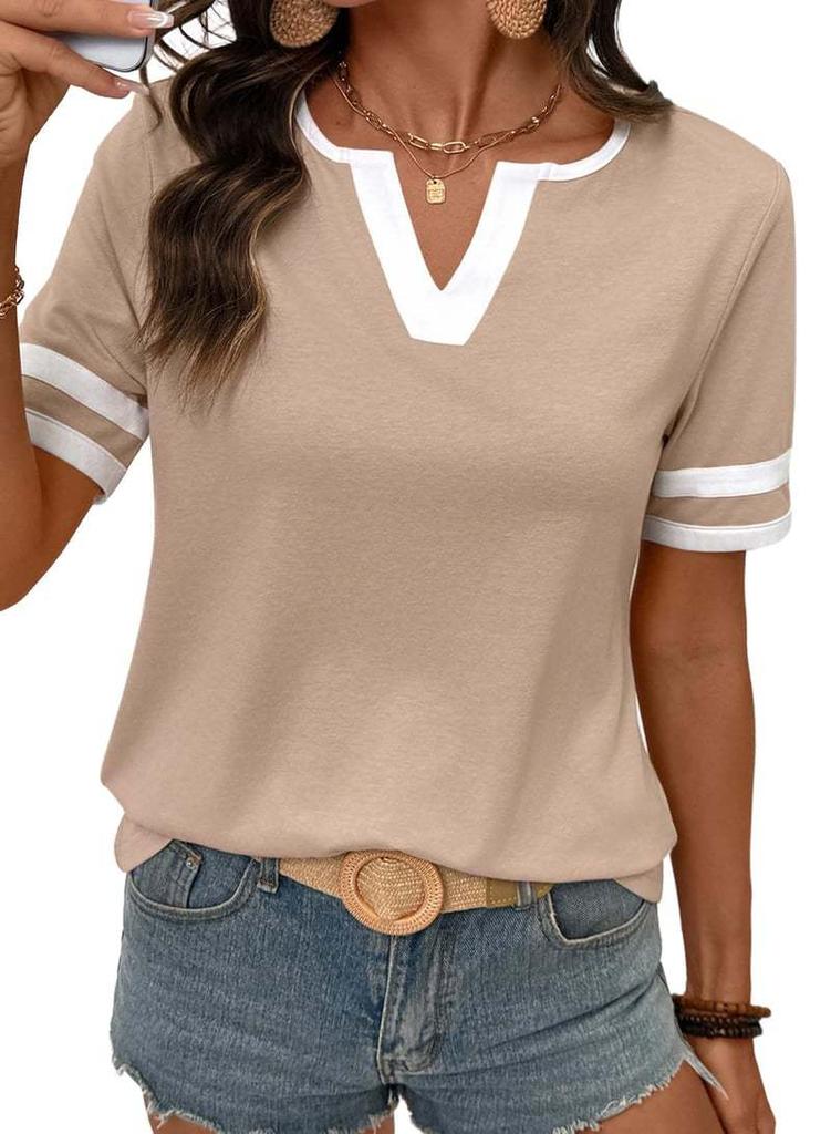 European and American Women's Summer Top V-neck Short-sleeved T-shirt Color Matching Casual T-shirt